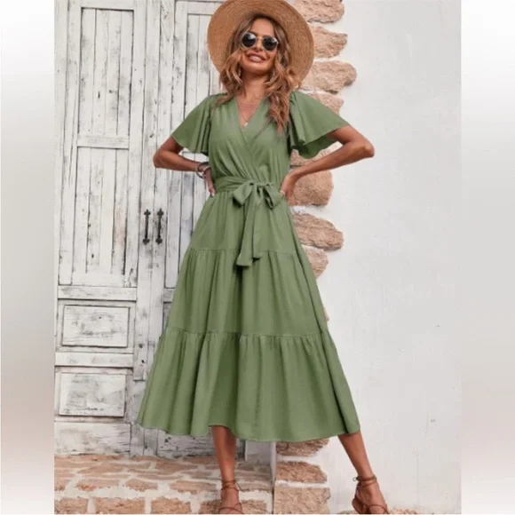 PrettyGarden Olive Maxi Dress with Tie Waist - Picture 2 of 11